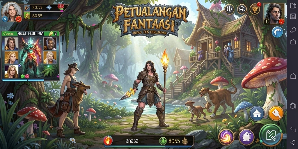 Screenshot gameplay 8055 menampilkan pertarungan epik dalam dunia fantasi.