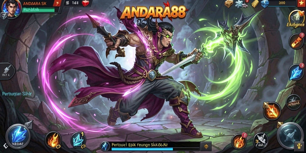 Gameplay memukau dalam pertarungan sihir dan strategi.