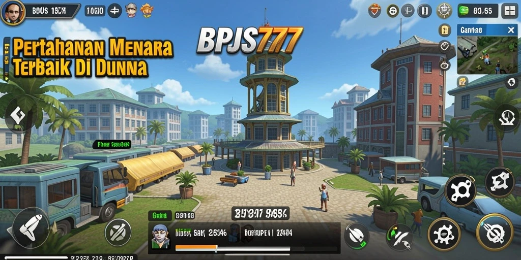 Tampilan gameplay BPJS777 yang seru dengan menara dan musuh.