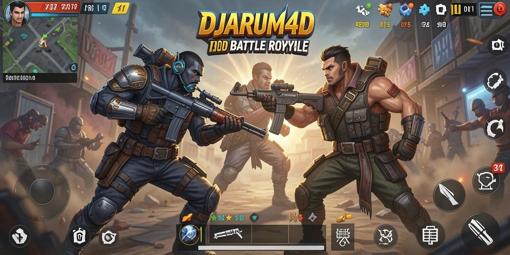 Tampilan screenshot DJARUM4D menampilkan aksi intens dalam pertempuran Battle Royale.