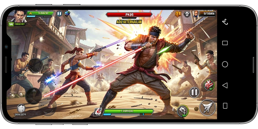 Screenshot gameplay PK95 menampilkan aksi pertarungan yang menegangkan.