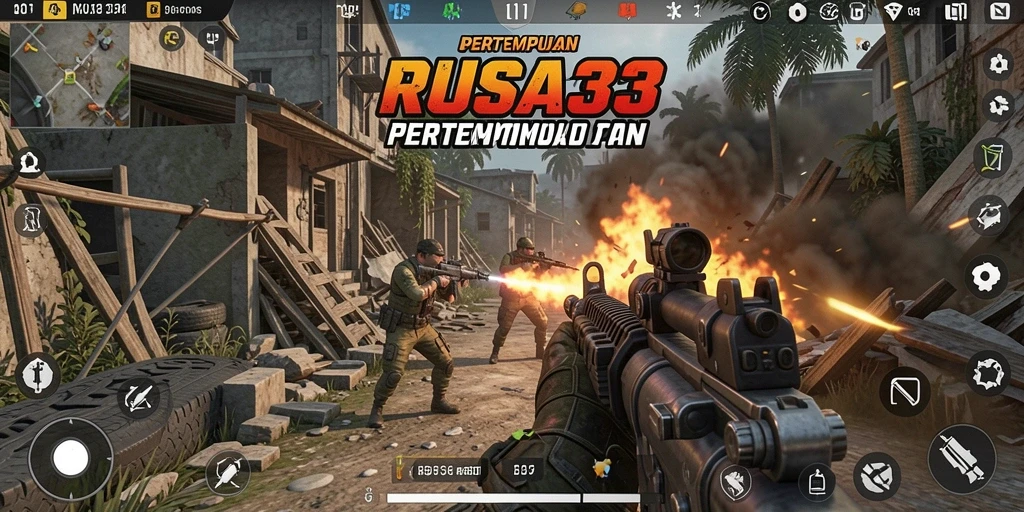 Screenshot gameplay RUSA33, menampilkan aksi tembak-menembak yang intens.